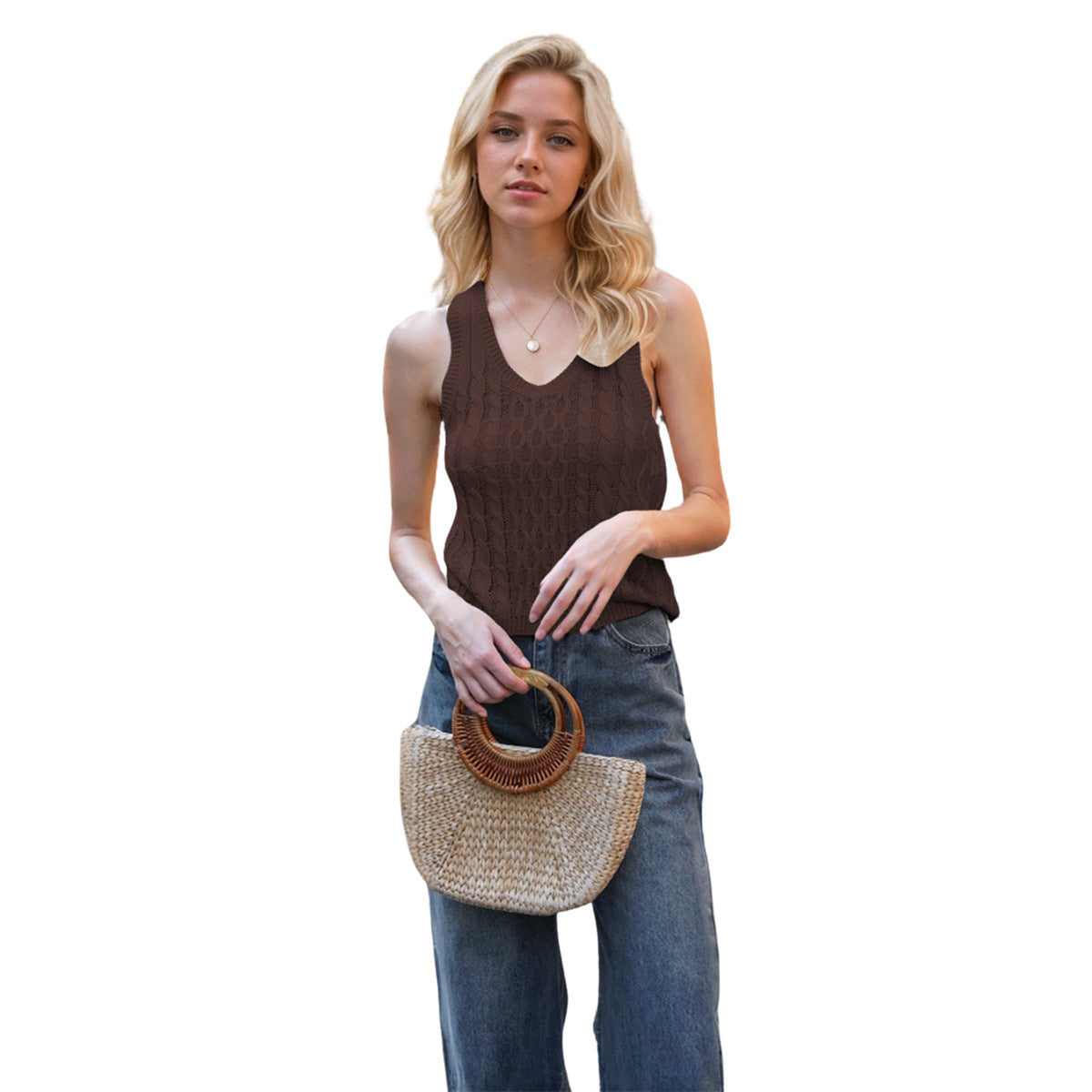 Textured Ribbed Knit V-Neck Tank Top Women's V-neck Tank Vest Fashion Casual Knitted Solid Color Tops