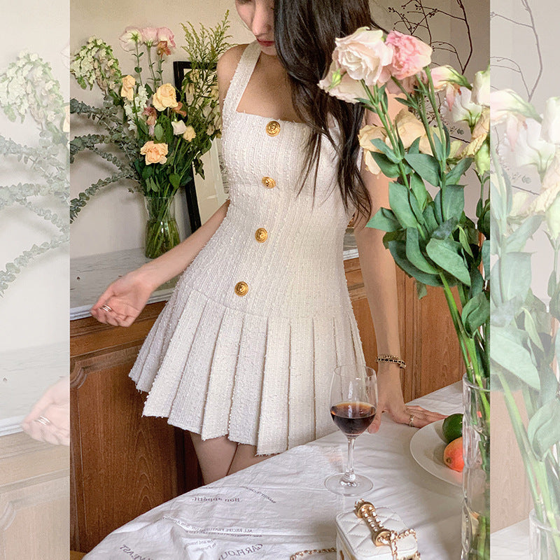 White Halter Neck Pleated Mini Dress with Button Detail Women's Camisole Classic Style Summer Dress