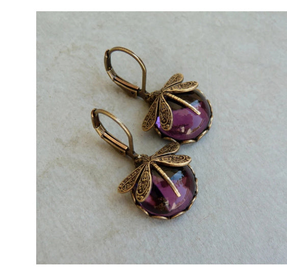 Vintage Inspired Dragonfly Dangle Earrings with Iridescent Cabochons