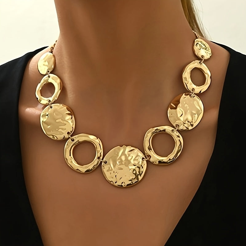 Hammered Texture Geometric Gold Necklace, Handmade Layered Statement Jewelry For Women, Modern Artisan Gift For Elegant Everyday & Evening Outfits