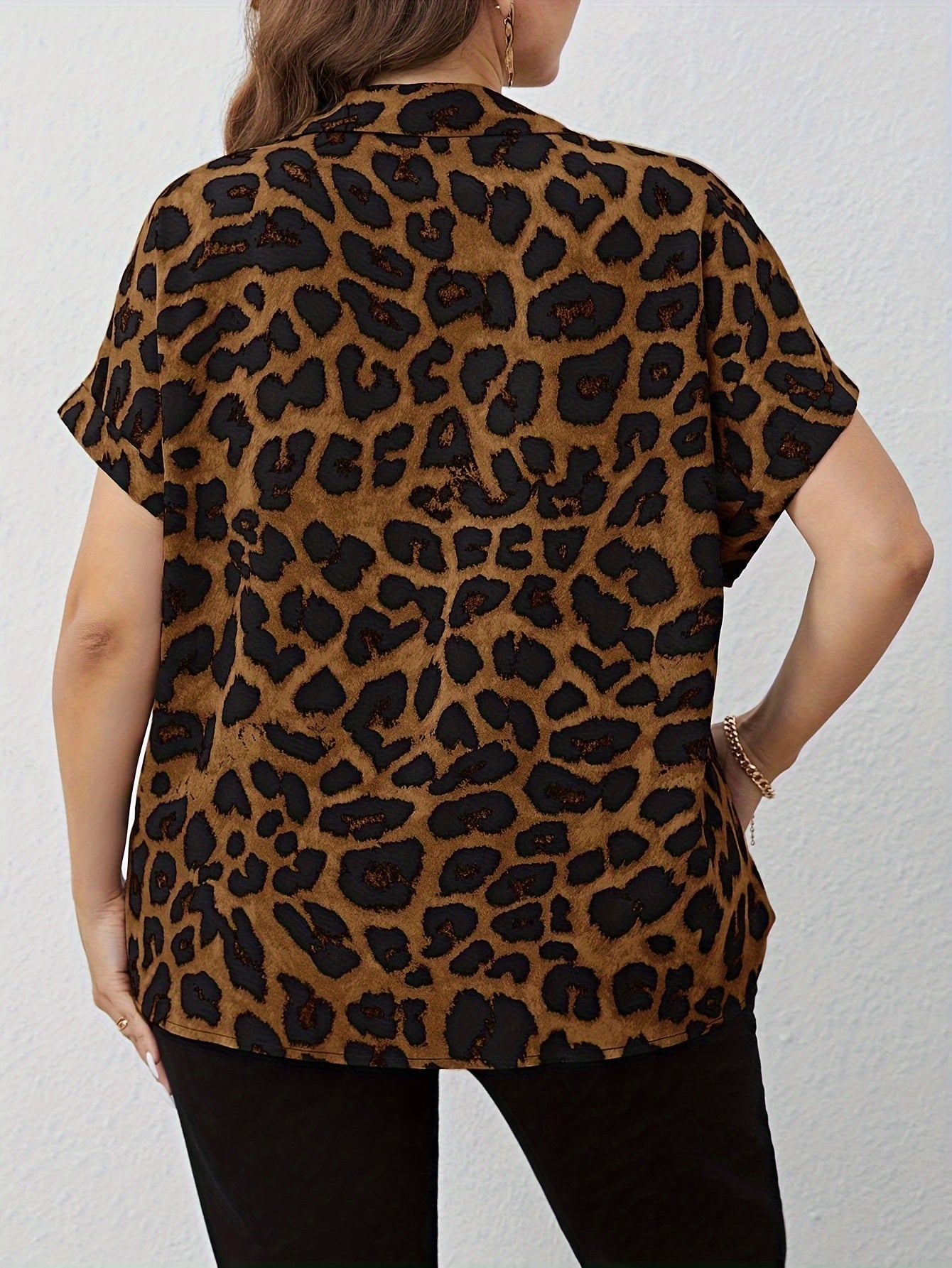 Fashion Plus Size Leopard Print Top - Stylish Buttoned Flat Batwing Sleeve & Fashion Collar Blouse For Women's