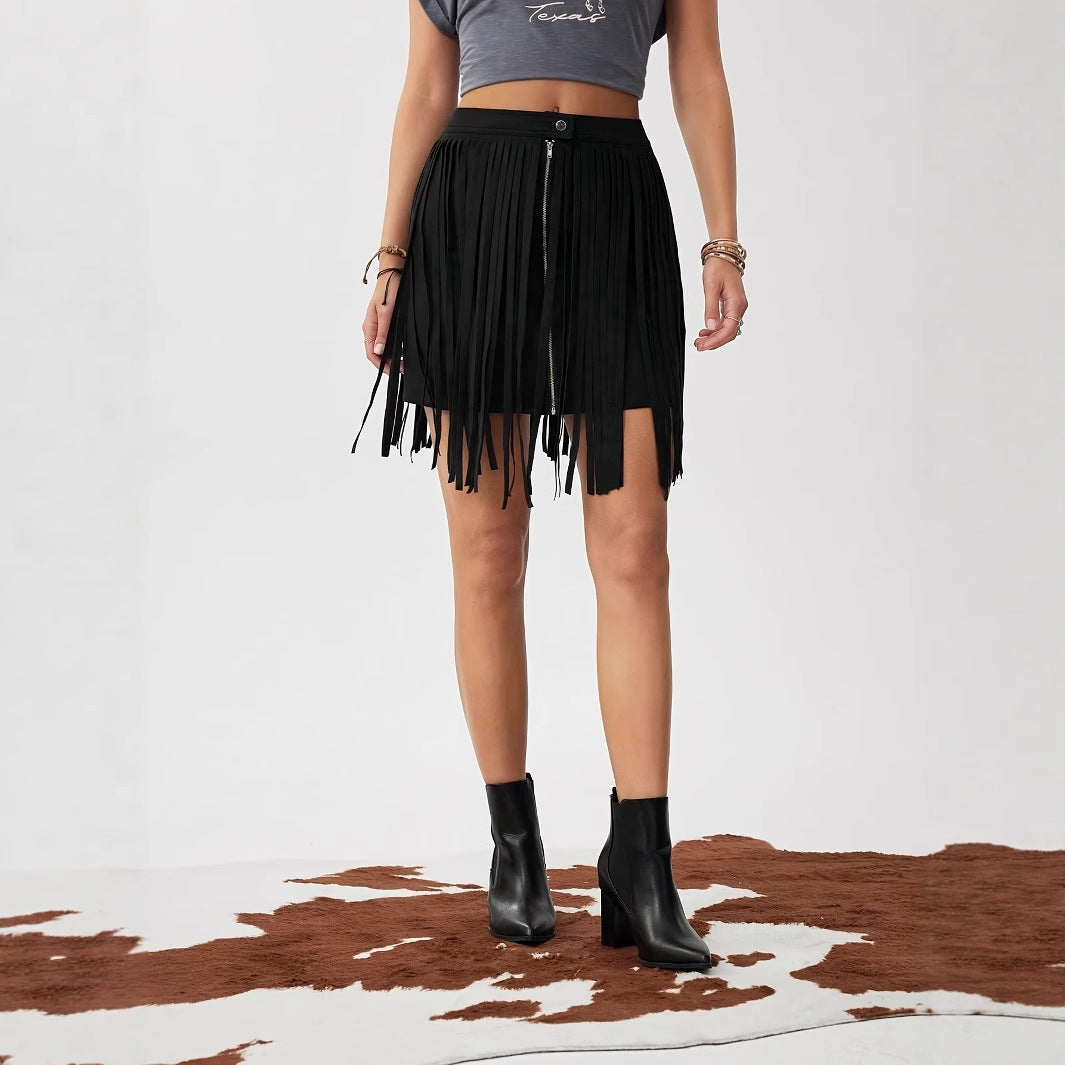 Western Denim Style Women's Solid Color Tassel Front Zipper Casual Short Skirt