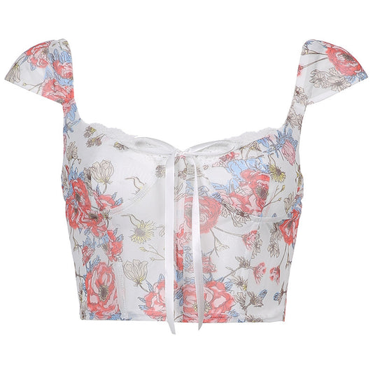 Cute Floral Print Cropped Baby Tee Y2K Fashion Lace Tie Up