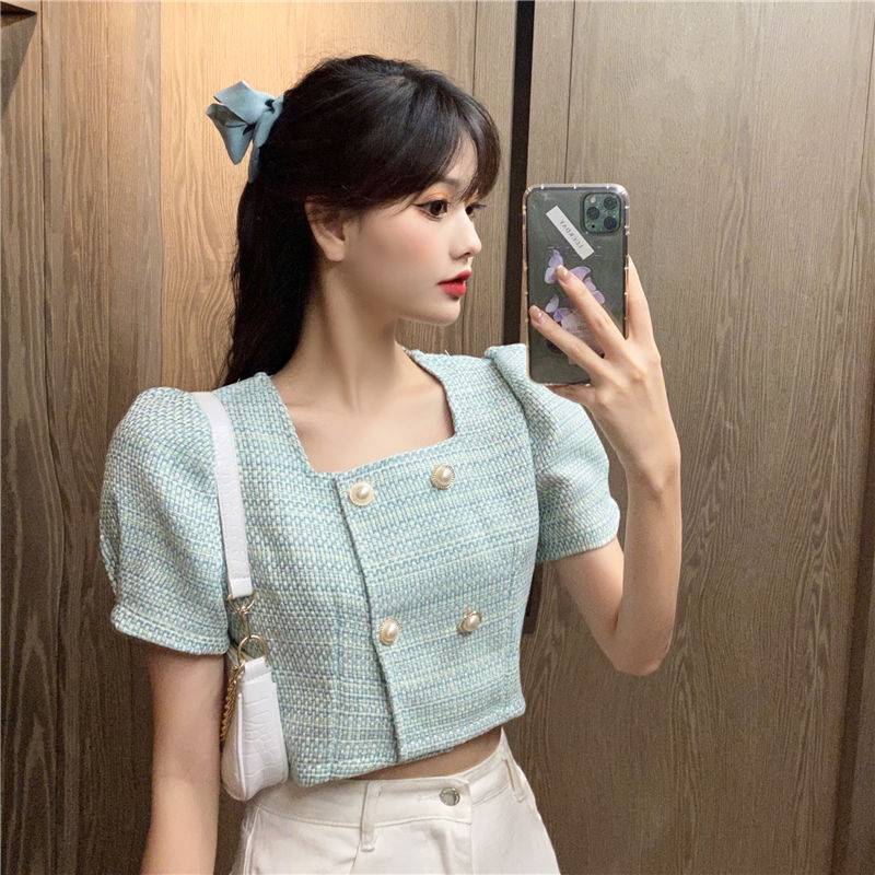 Sweet & Stylish Puff Sleeve Button Detail Top Women's French Temperament Thin Short Top