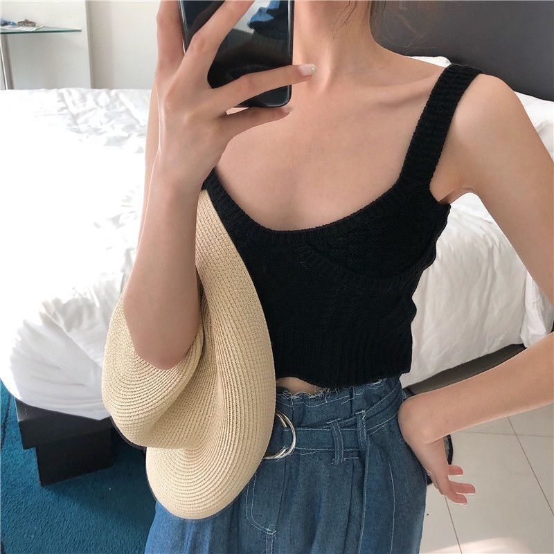 Boho Knit Crop Cami | Trendy Ribbed Bralette Versatile Sleeveless Fried Dough Twists Underlay Korean Top