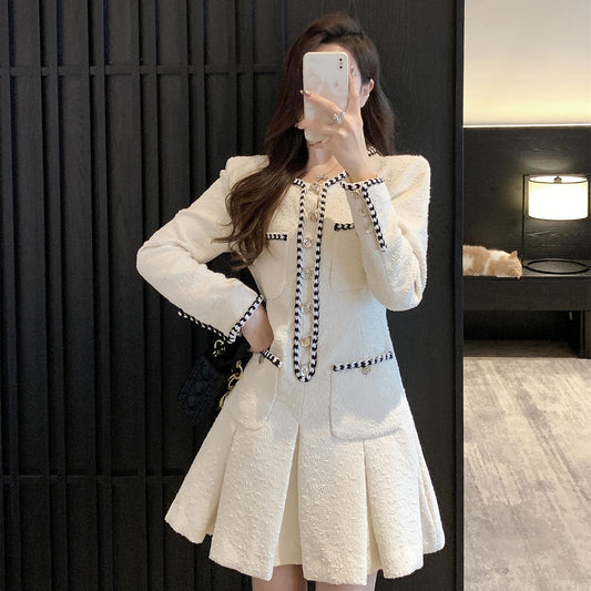 Chic Pleated Skirt Detail Long Sleeve Dress Women's French-style Tweed Dress