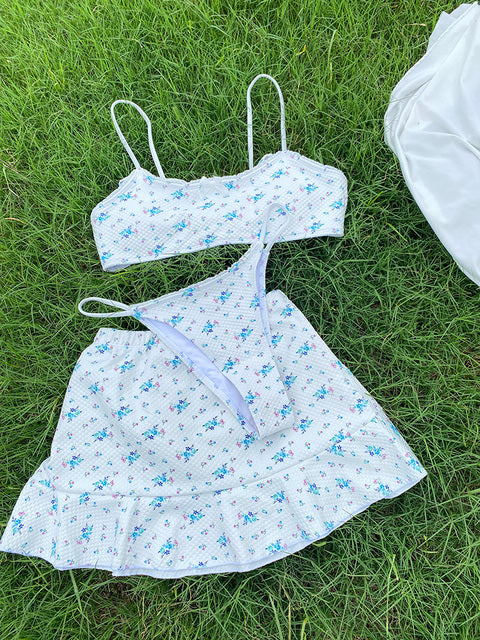 Sexy Two-Piece String Bikini with Matching Cover-Up Skirt Women Floral Swimsuit  Summer Bikini Set