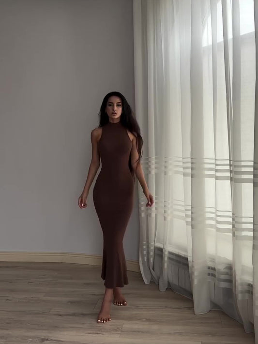 Brown Mock Neck Sleeveless Bodycon Maxi Dress Solid Color Dress