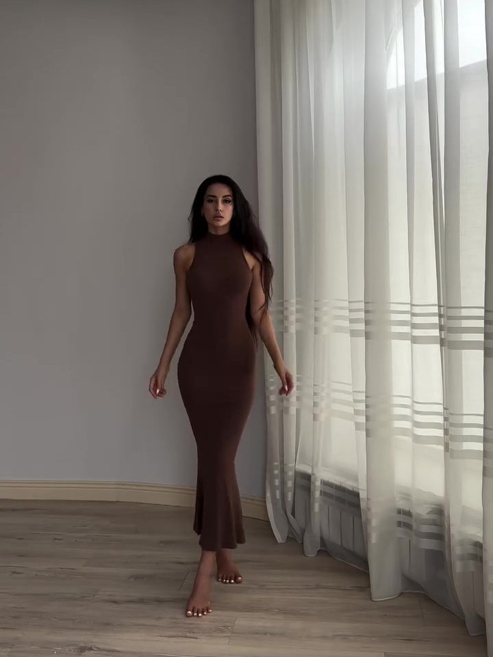 Brown Mock Neck Sleeveless Bodycon Maxi Dress Solid Color Dress