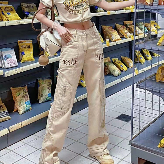 Late Night Flex – Street Cool, Lit Looks Vintage Embroidered Zip Fly Khaki Jeans For Women