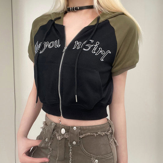 Raglan Contrast Short Sleeve Hoodie Versatile Top