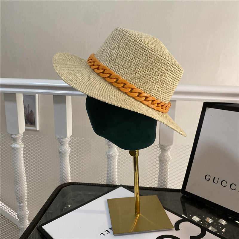Trendy Summer Beach Hat with Braided Chain Korean Fashion Color Chain With Top Hat