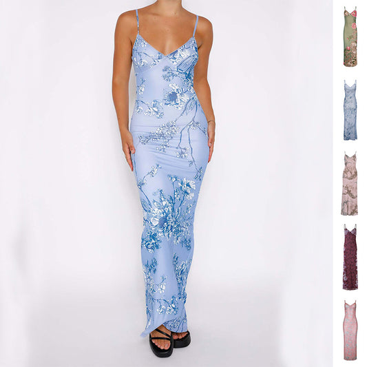 Elegant Floral Print Satin Slip Maxi Dress | Flowy Cowl Neck Gown Y2K Slim Flowers Printing Slip Dress Women's Summer Suspender Skirt Vacation Beach Long Dresses