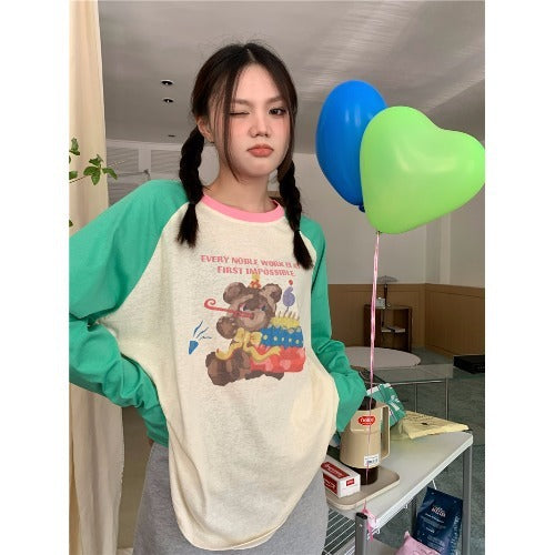 Contrast Color Cartoon Print Raglan Long SleeveT-Shirt