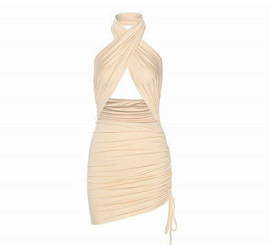 Bodycon Strappy Halter Club Dress with Front Cutout Solid Color Hanging Neck Sexy Backless Dresses