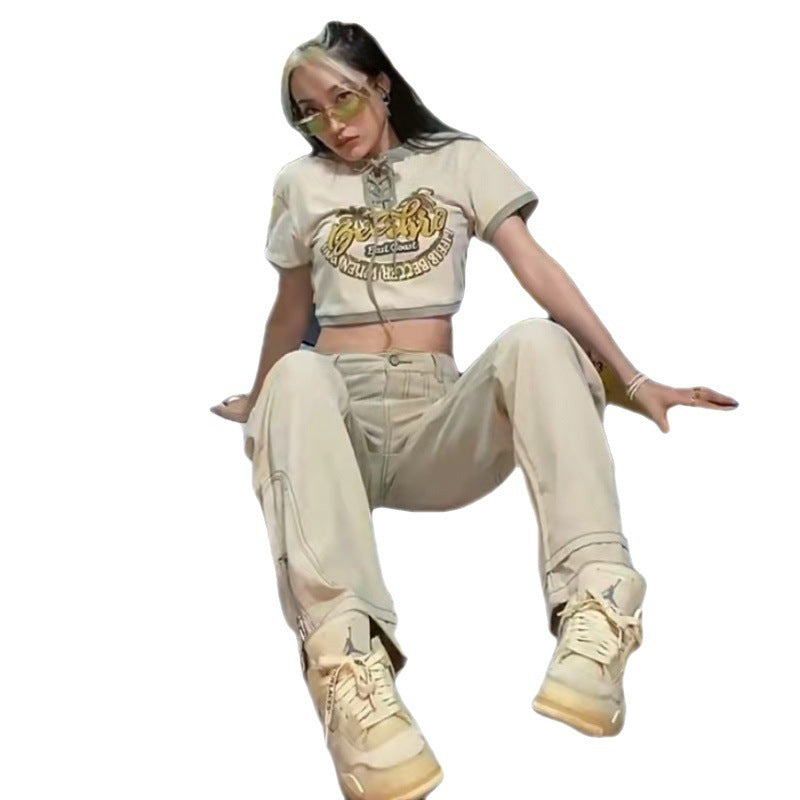 Late Night Flex – Street Cool, Lit Looks Vintage Embroidered Zip Fly Khaki Jeans For Women