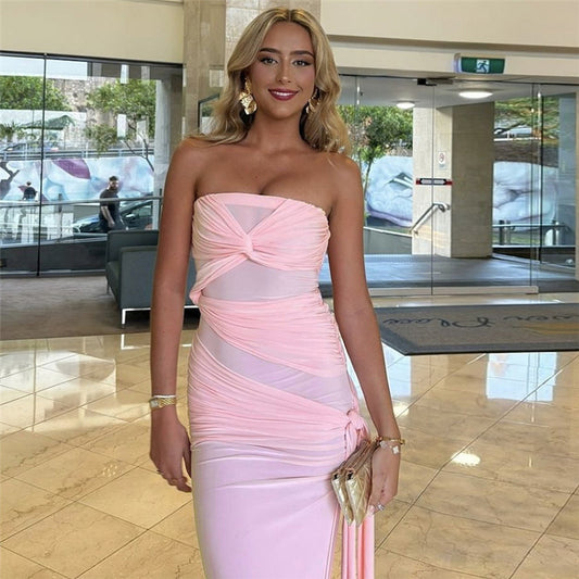 Sexy Temperament Twist Knot Backless Side Slit Tube Top Solid Color Dress