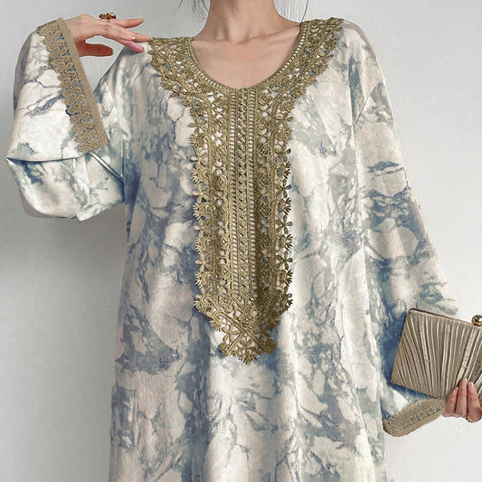 Bohemian Embroidered Printed V-Neck Maxi Dress, Long Sleeve Loose Fit Casual Plus Size Dress