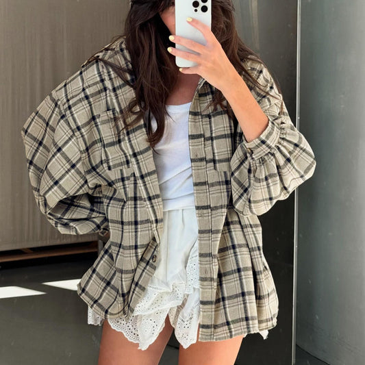 Retro Long Sleeve Pocket Plaid Boho Shirt For Women's