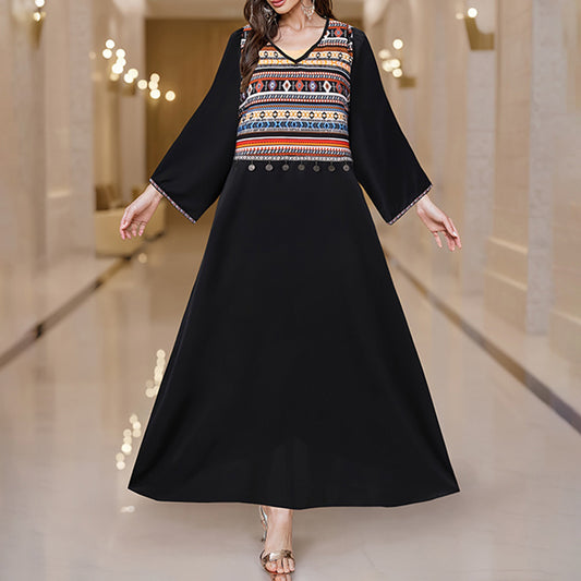 Casual Summer Boho Print Dress V Neck Loose Fit Long Maxi Beach Dresses