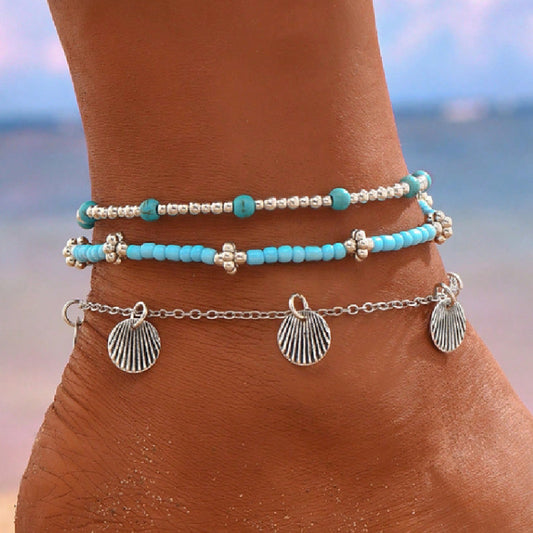 Boho Layered Turquoise Bead Anklet Set with Charms Shell Bead Anklet Set Three-piece Set