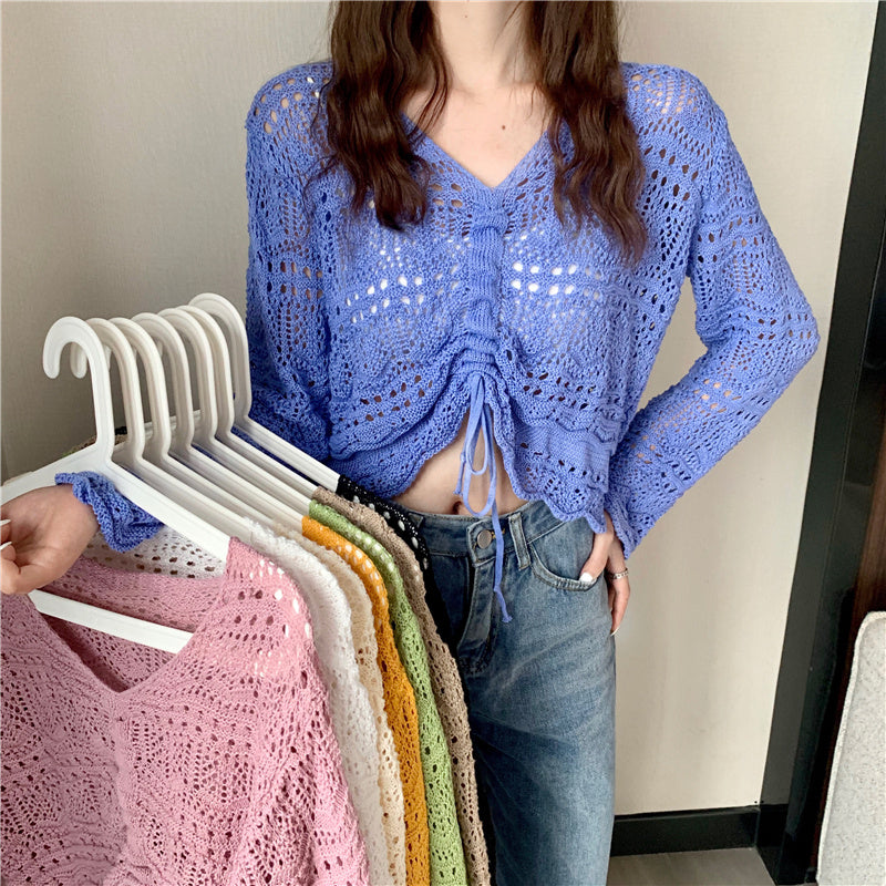 Trendy Open-Knit Tie-Front Cardigan | Sheer Crochet Style Jumper Top New Korean Style Loose V Neck Drawstring Crop Top
