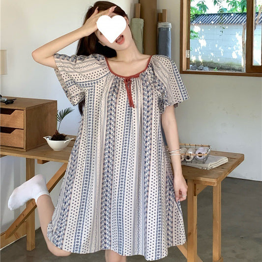 Comfy Boho Print Short Sleeve Nightgown / Lounge Dress Girly Style Night Dress Summer Ins