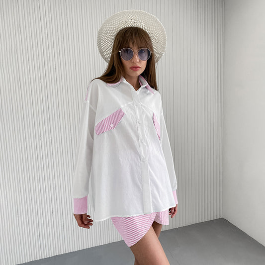 Blue And White Striped Stitching Shirt For Women Loose Outfit