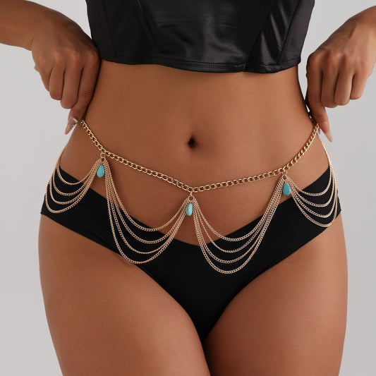 Gold Tone Layered Belly Chain with Teardrop Accents Classic Retro Turquoise Waist Belly Chain For Women Summer Beach Sexy Simple Body Chain Jewelry Accessories Gift