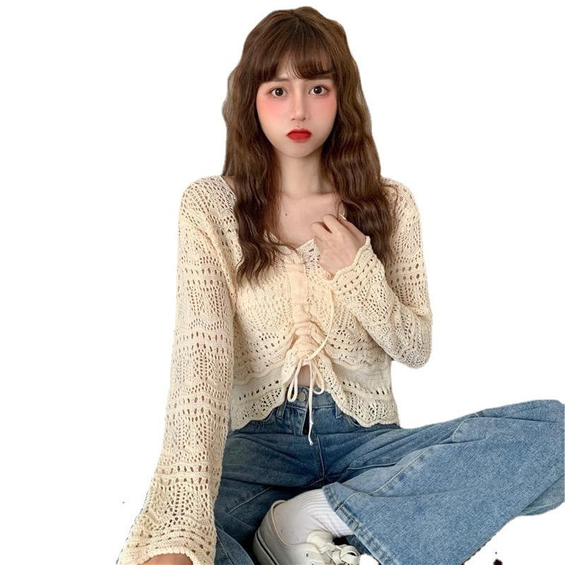 Trendy Open-Knit Tie-Front Cardigan | Sheer Crochet Style Jumper Top New Korean Style Loose V Neck Drawstring Crop Top