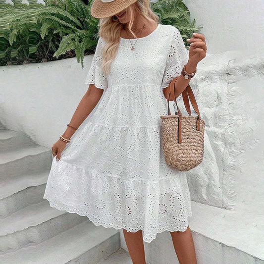 Round Neck Embroidered Lace Short Sleeve A-Line Elegant Summer Vacation Dress