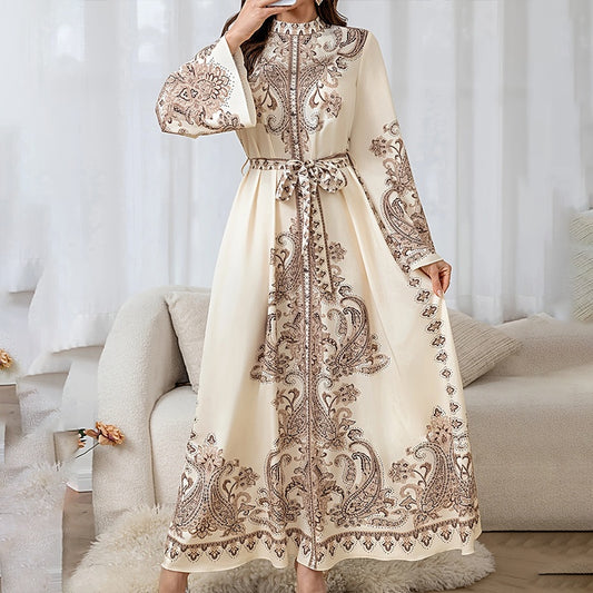 Vintage High-Neck Floral Maxi Dress Loose Long Sleeve, Adjustable Waist Belt, Middle Eastern Inspired Holiday Dress Ankle-Length Gown