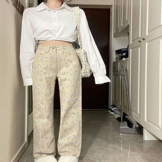 Beige Floral Embroidered Straight-Leg Pants – Vintage High-Waist Soft Girl Aesthetic Apricot Floral Jeans Women Loose Wide-leg Straight Trousers