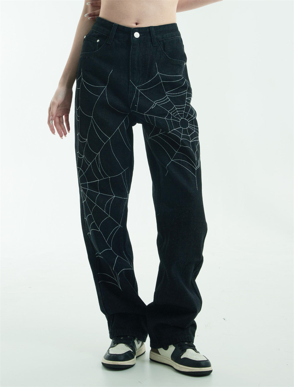 Webbed Edge – Black Denim with Spider Stitch Detail Spider Web Straight Jeans For Men And Women