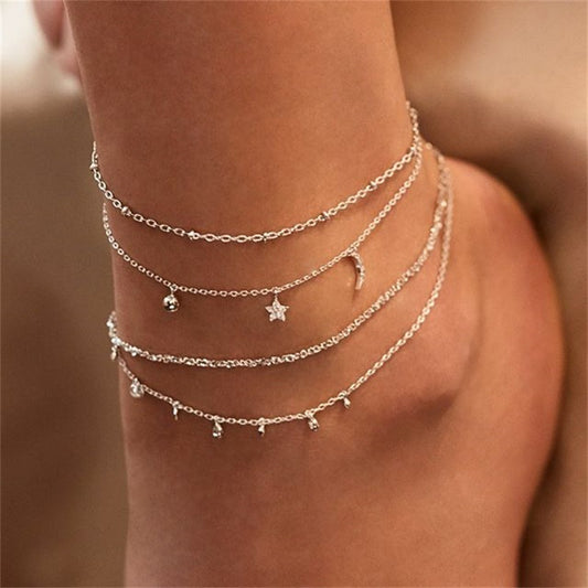 Celestial Layered Anklet – Moon & Star Charm Trio in Silver or Gold Fashion Jewelry Personality All-match Footwear
