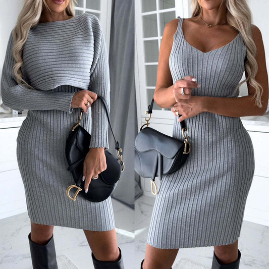 Cozy Knit 2-Piece Set – Effortless Fall-Winter Glam Suit Women's Solid Stripe Long-sleeved Top And Tight Suspender Skirt Fashion Autumn Winter Slim Clothing