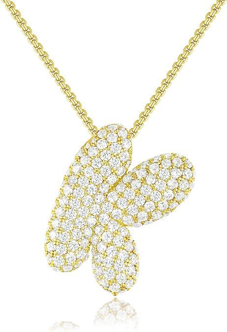 Custom Initial Necklace | Sparkle Alphabet Pendant Brass Zircon Balloon English Letter Necklace