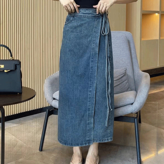 Retro High Waist Slit Blue Denim Skirt