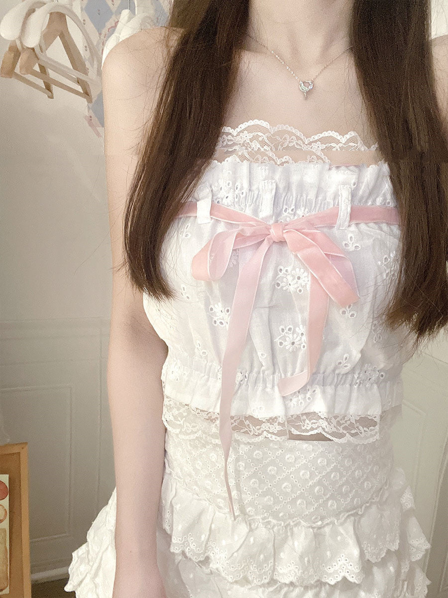 Sweet Lace Embroidered Bow Girl Vest