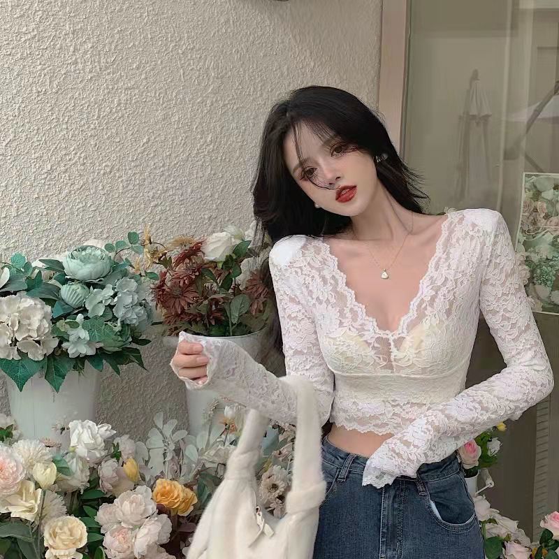 Spring New Night Club Style V-neck Mesh Lace Bottoming Shirt Women's Inner Short Hot Girl Top