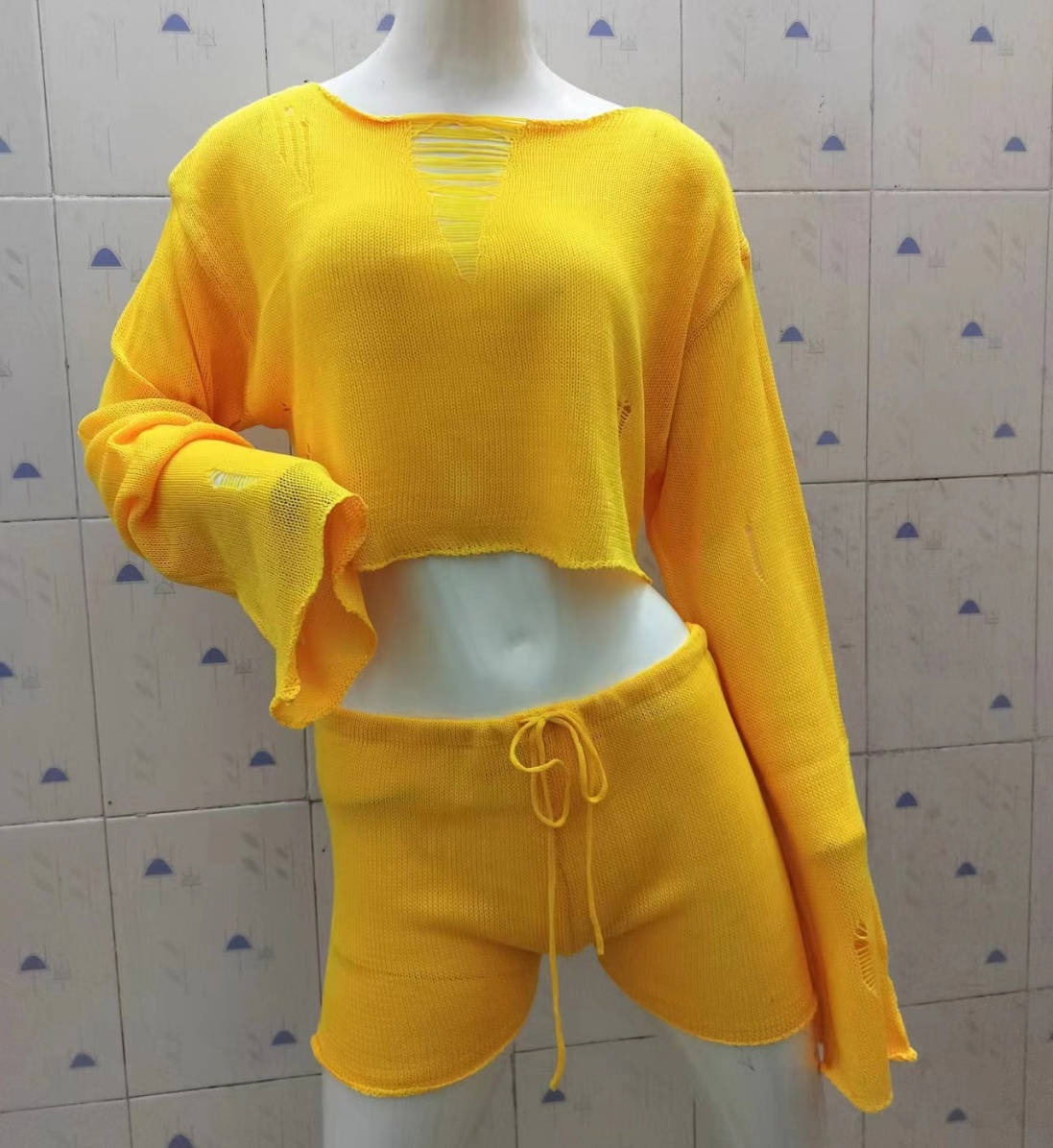 Sexy See-Through Knit Pullover & Hot Shorts Outfit Women's Seaside Vacation Sun Protection Short Top Shorts Suit