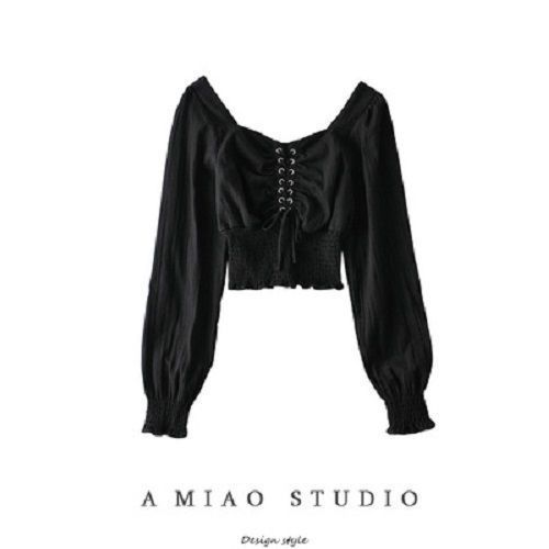 French Style Retro Square Collar Off-shoulder Top Tied Long Sleeves Court Style Puff Sleeve Shirt