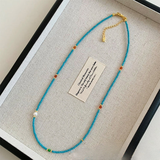 Natural Freshwater Small Pearl Turquoise Beaded Necklace