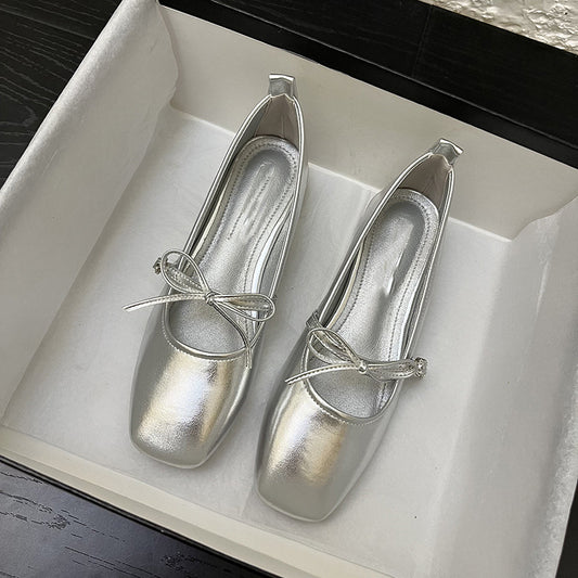 Silver Metallic Mary Jane Flats Women Simple Solid Color Square Toe Flat Shoes