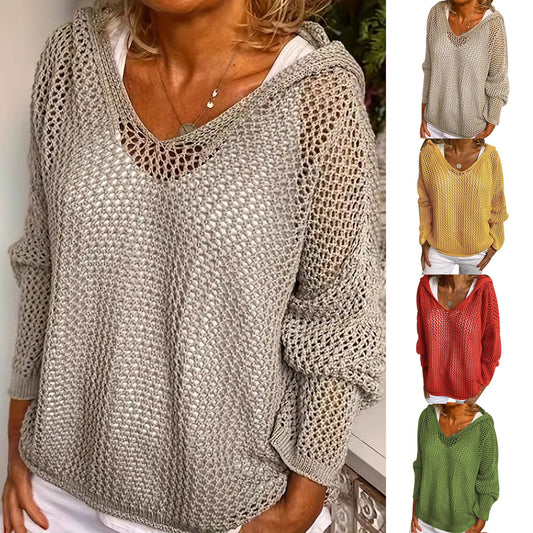 Fall Hoodies Sweater Knit V Neck Tops Casual Long Sleeve Pullover Shirts Women