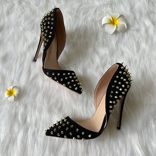 Fierce & Fabulous: Black Studded Stiletto Suede Gold Rivet Heels Shoes For Women's
