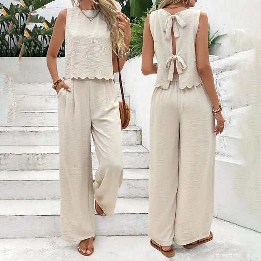 Elegant 2-Piece Matching Set, Sleeveless Crop Top And Wide Leg Pants Outfits