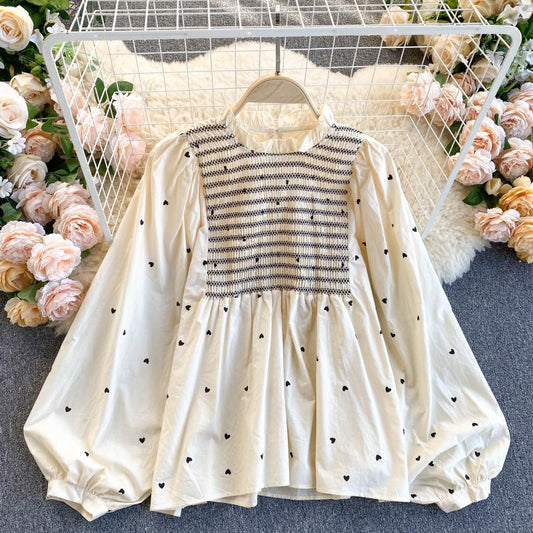 Boho-Chic Polka Dot Peplum Top with Ruffled Collar Korean Girl Puff Sleeve Top Women's Bottoming Shirt