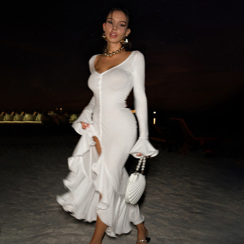 New Fashion V-neck Flared Sleeves Ruffled Split Dress Women