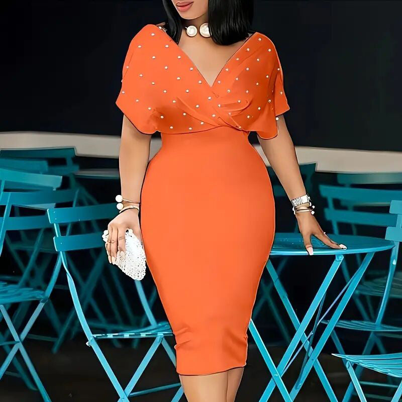 Elegant Deep V Neck Wrap Bodycon Dress Back Zipper Pencil Midi Dress